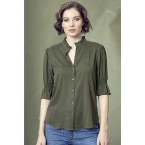 Go By Go Silk Ruffle Collar Puff Sleeve Blouse Small Olive Green Coquette Luxury